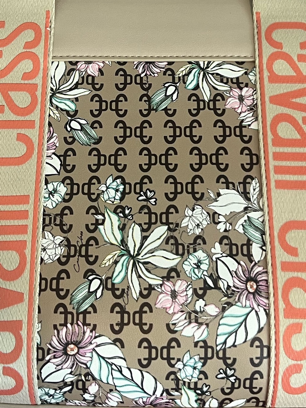 NWT Cavalli Class Serena Floral Logo Tote Bag Beige Cream - Picture 6 of 14
